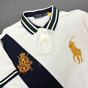 Polo Ralph Lauren Men's Custom Slim Gold Big Pony Crest Logo White Polo Shirt L